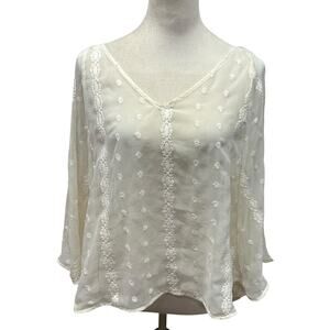 Romantic Sheer Embroidered Boho Blouse Jennifer Lopez White XS